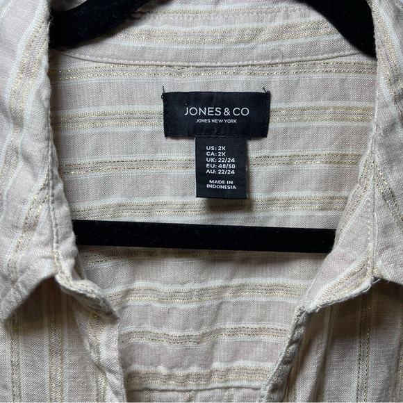 Jones & Co Women's cream metallic button down long sleeve linen blend top in 2X - Picture 3 of 7
